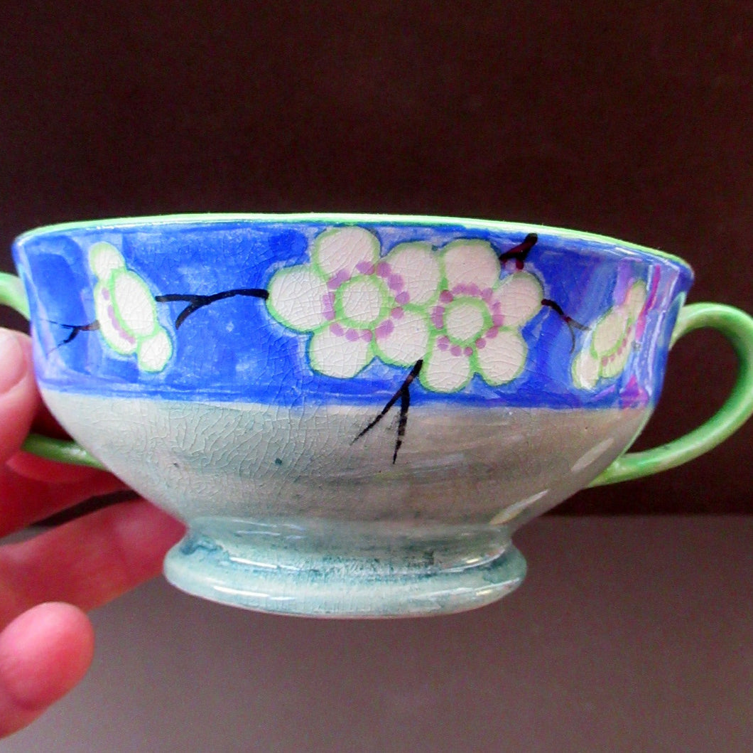 Mak Merry 1920s Scottish Pottery Bowl Blue with White Prunus Flowers