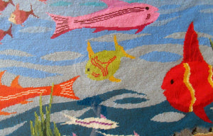 Quirky Vintage Textle Needlepoint 1970s Embroidery of Tropical Fish in an Aquarium