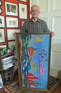 Quirky Vintage Textle Needlepoint 1970s Embroidery of Tropical Fish in an Aquarium