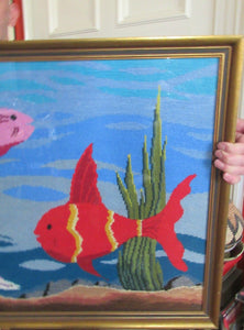 Quirky Vintage Textle Needlepoint 1970s Embroidery of Tropical Fish in an Aquarium