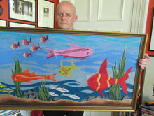 Load image into Gallery viewer, Quirky Vintage Textle Needlepoint 1970s Embroidery of Tropical Fish in an Aquarium
