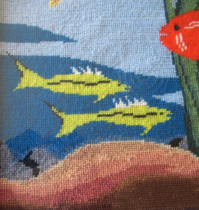 Quirky Vintage Textle Needlepoint 1970s Embroidery of Tropical Fish in an Aquarium