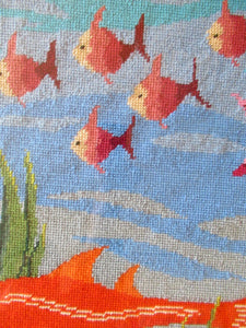 Quirky Vintage Textle Needlepoint 1970s Embroidery of Tropical Fish in an Aquarium