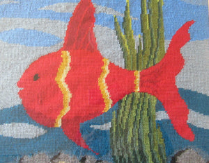 Quirky Vintage Textle Needlepoint 1970s Embroidery of Tropical Fish in an Aquarium