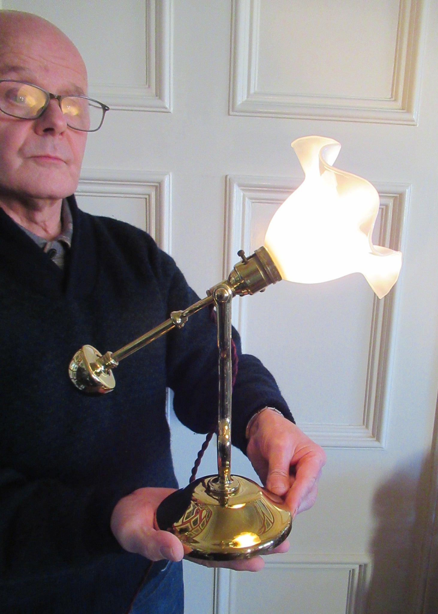 Pretty Antique Brass Desk or Gimbal Lamp with White Opaque Milk
