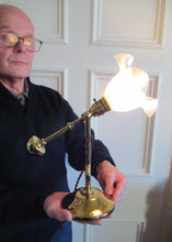 Load image into Gallery viewer, Pretty Antique Brass Desk or Gimbal Lamp with White Opaque Milk Glass Frilled Shade
