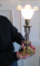 Load image into Gallery viewer, Pretty Antique Brass Desk or Gimbal Lamp with White Opaque Milk Glass Frilled Shade
