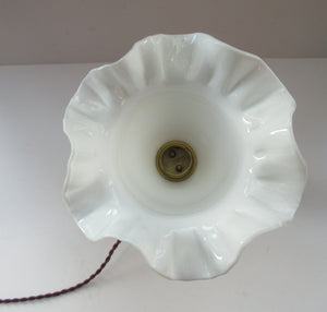 Pretty Antique Brass Desk or Gimbal Lamp with White Opaque Milk Glass Frilled Shade