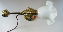 Load image into Gallery viewer, Pretty Antique Brass Desk or Gimbal Lamp with White Opaque Milk Glass Frilled Shade
