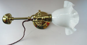 Pretty Antique Brass Desk or Gimbal Lamp with White Opaque Milk Glass Frilled Shade
