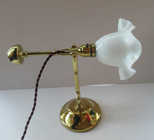 Load image into Gallery viewer, Pretty Antique Brass Desk or Gimbal Lamp with White Opaque Milk Glass Frilled Shade
