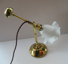 Load image into Gallery viewer, Pretty Antique Brass Desk or Gimbal Lamp with White Opaque Milk Glass Frilled Shade
