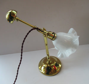 Pretty Antique Brass Desk or Gimbal Lamp with White Opaque Milk Glass Frilled Shade