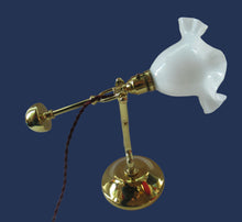 Load image into Gallery viewer, Pretty Antique Brass Desk or Gimbal Lamp with White Opaque Milk Glass Frilled Shade
