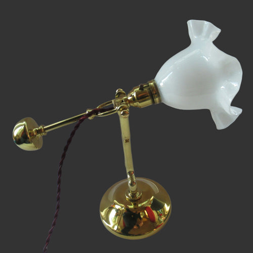 Antique Brass Desk or Gimbal Lamp with White Opaque Milk Glass Frilled Shade