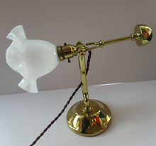 Load image into Gallery viewer, Pretty Antique Brass Desk or Gimbal Lamp with White Opaque Milk Glass Frilled Shade
