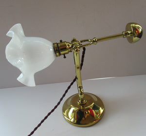Pretty Antique Brass Desk or Gimbal Lamp with White Opaque Milk Glass Frilled Shade