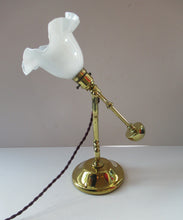 Load image into Gallery viewer, Pretty Antique Brass Desk or Gimbal Lamp with White Opaque Milk Glass Frilled Shade
