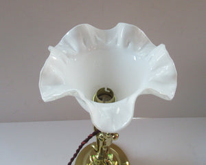 Pretty Antique Brass Desk or Gimbal Lamp with White Opaque Milk Glass Frilled Shade