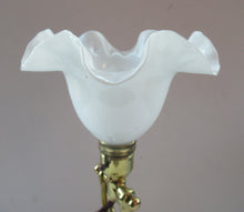 Load image into Gallery viewer, Pretty Antique Brass Desk or Gimbal Lamp with White Opaque Milk Glass Frilled Shade
