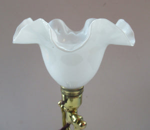 Pretty Antique Brass Desk or Gimbal Lamp with White Opaque Milk Glass Frilled Shade