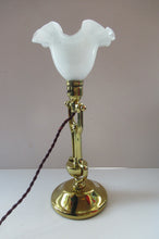 Load image into Gallery viewer, Pretty Antique Brass Desk or Gimbal Lamp with White Opaque Milk Glass Frilled Shade
