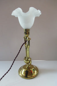 Pretty Antique Brass Desk or Gimbal Lamp with White Opaque Milk Glass Frilled Shade
