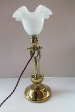 Load image into Gallery viewer, Pretty Antique Brass Desk or Gimbal Lamp with White Opaque Milk Glass Frilled Shade
