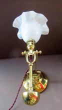 Load image into Gallery viewer, Pretty Antique Brass Desk or Gimbal Lamp with White Opaque Milk Glass Frilled Shade

