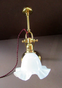 Pretty Antique Brass Desk or Gimbal Lamp with White Opaque Milk Glass Frilled Shade