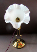 Load image into Gallery viewer, Pretty Antique Brass Desk or Gimbal Lamp with White Opaque Milk Glass Frilled Shade
