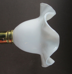 Pretty Antique Brass Desk or Gimbal Lamp with White Opaque Milk Glass Frilled Shade