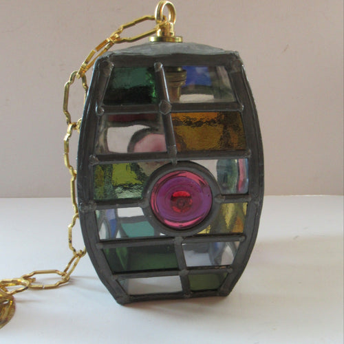 Vintage Arts and Crafts Stained Glass Pendant Hall Lantern