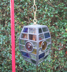 Vintage Geometric STAINED GLASS Hanging Hall Lantern or Pendant Light Shade.