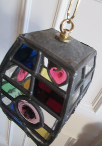 Vintage Arts and Crafts Stained Glass Pendant Hall Lantern