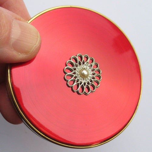 1960s Vintage Powder Compact Margaret Rose Red Enamel