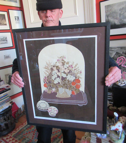 Bel Cowie 1975 Artist's Proof Screenprint. Flowers and Scottish Paperweights. Entitled Enclosed