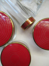 Load image into Gallery viewer, 1950s Red Enamel Topped and Glass Vanity Pots and Bottles. Vintage Glamour
