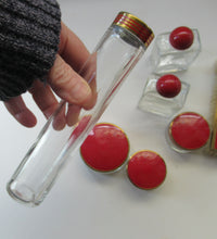 Load image into Gallery viewer, 1950s Red Enamel Topped and Glass Vanity Pots and Bottles. Vintage Glamour
