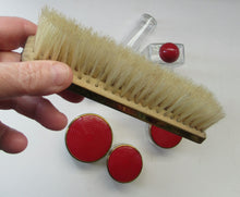 Load image into Gallery viewer, 1950s Red Enamel Topped and Glass Vanity Pots and Bottles. Vintage Glamour
