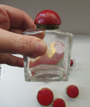Load image into Gallery viewer, 1950s Red Enamel Topped and Glass Vanity Pots and Bottles. Vintage Glamour
