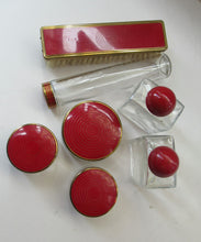 Load image into Gallery viewer, 1950s Red Enamel Topped and Glass Vanity Pots and Bottles. Vintage Glamour
