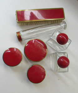 1950s Red Enamel Topped and Glass Vanity Pots and Bottles. Vintage Glamour