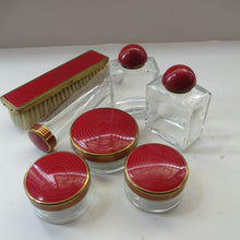 Load image into Gallery viewer, 1950s Red Enamel Topped and Glass Vanity Pots and Bottles. Vintage Glamour
