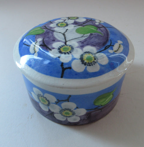 1920s Mak Merry Scottish Art Pottery Lidded Dish or Powder Bowl Blue with White Prunus