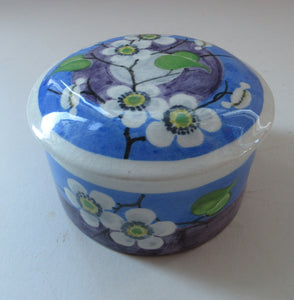 1920s Mak Merry Scottish Art Pottery Lidded Dish or Powder Bowl Blue with White Prunus