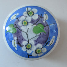 Load image into Gallery viewer, 1920s Mak Merry Scottish Art Pottery Lidded Dish or Powder Bowl Blue with White Prunus
