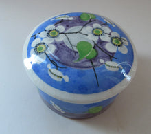 Load image into Gallery viewer, 1920s Mak Merry Scottish Art Pottery Lidded Dish or Powder Bowl Blue with White Prunus
