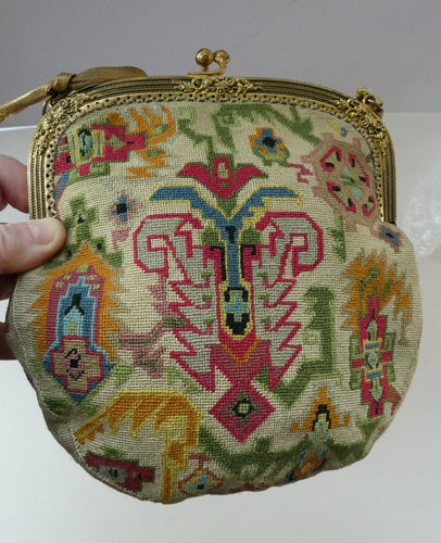 1930s Art Deco Aztec Revival Embroidered Tapesty Evening Bag
