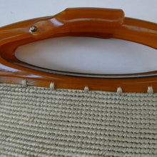 Load image into Gallery viewer, rt Deco Bauhaus Tapestry Bag 1930s with Amber Bakelite Handles
